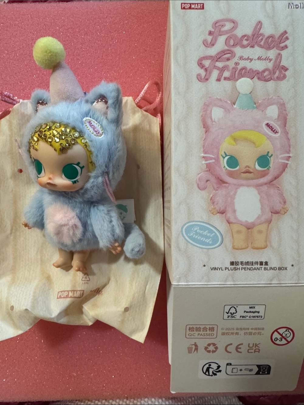 POP MART Pocket Friends Plush Cat Pendant - Light Blue Hood Baby Molly
